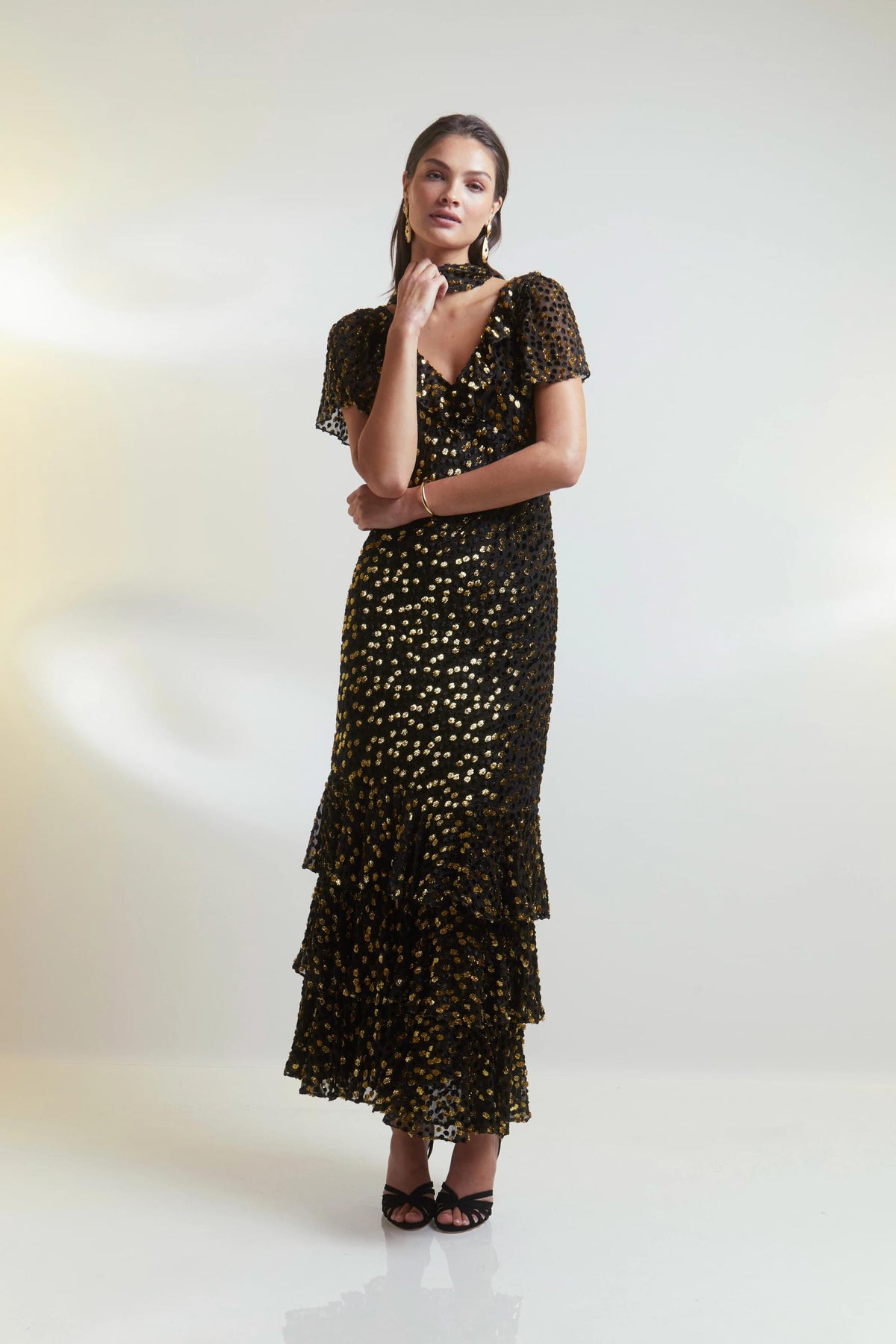 RIXO Amelle Dress in Scatter Devore Gold