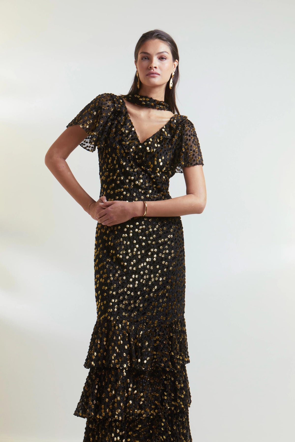 RIXO Amelle Dress in Scatter Devore Gold