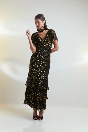 RIXO Amelle Dress in Scatter Devore Gold