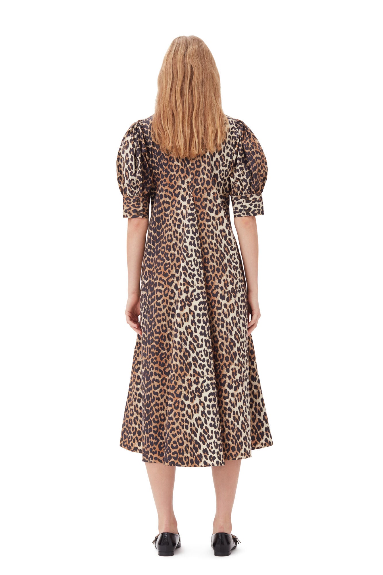 GANNI F8842 Printed Cotton  Poplin V Neck Dress in Leop