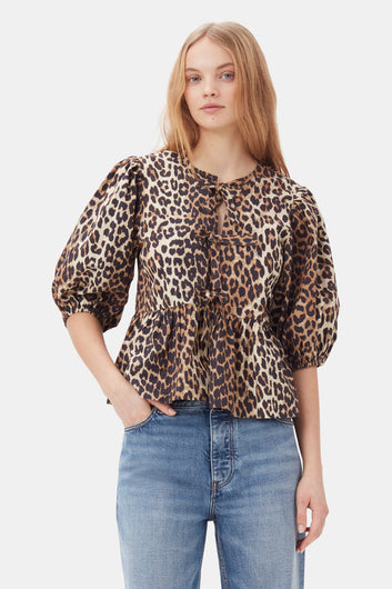 GANNI F9611 Poplin Peplum Blouse in Leopard