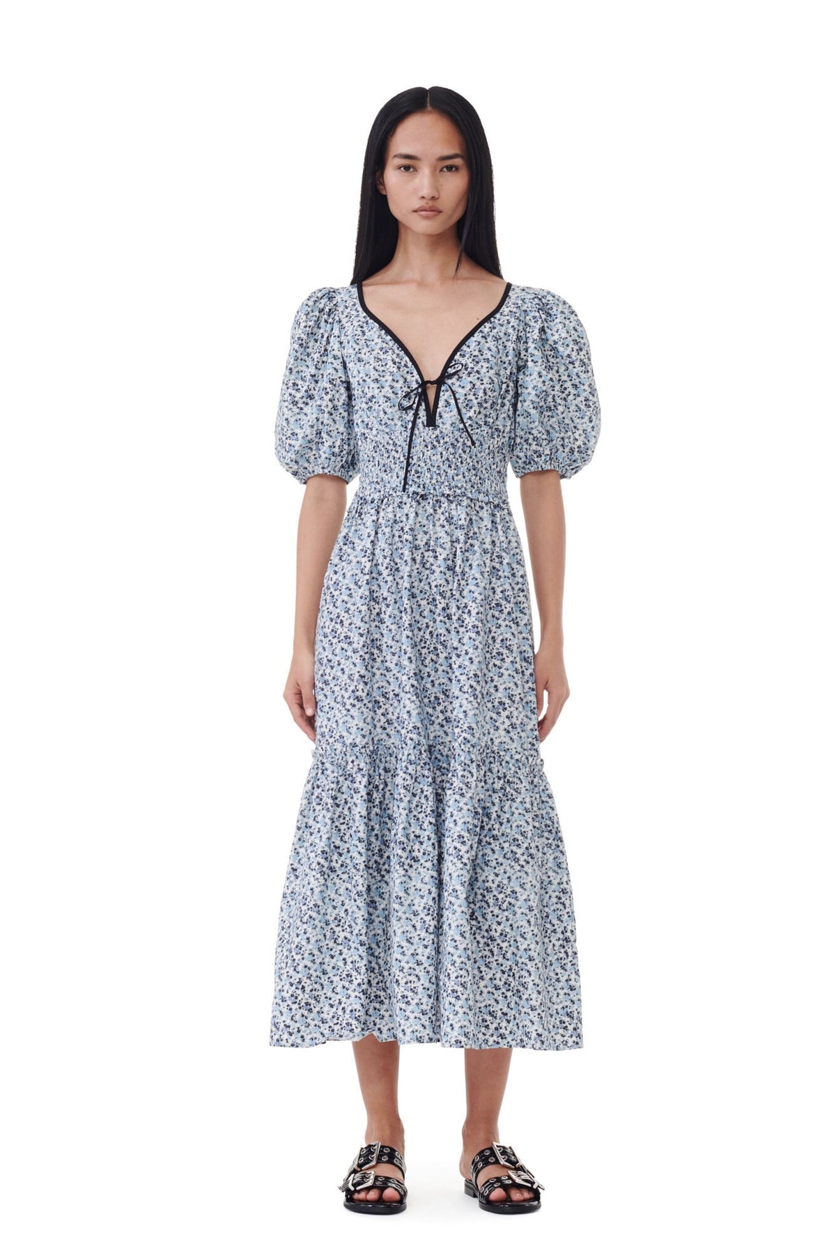 GANNI F9231 Printed Cotton Smock Dress in Glacier Lake