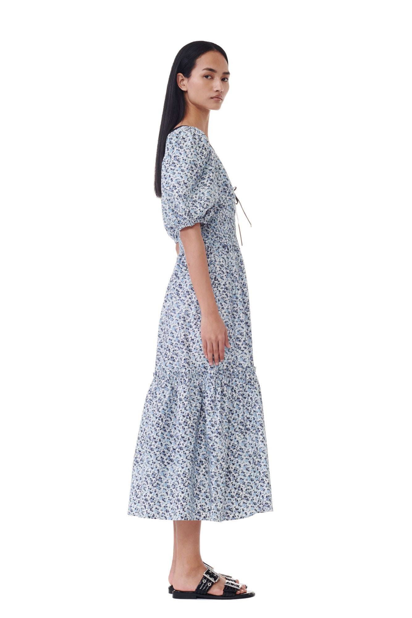 GANNI F9231 Printed Cotton Smock Dress in Glacier Lake