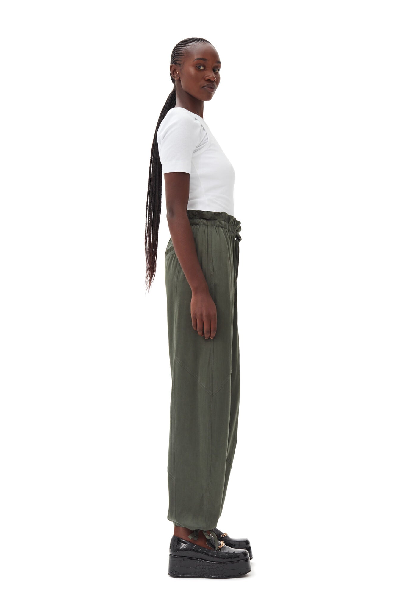 GANNI F9556 Washed Satin Elasticated Waist Pants in Climbing Ivy