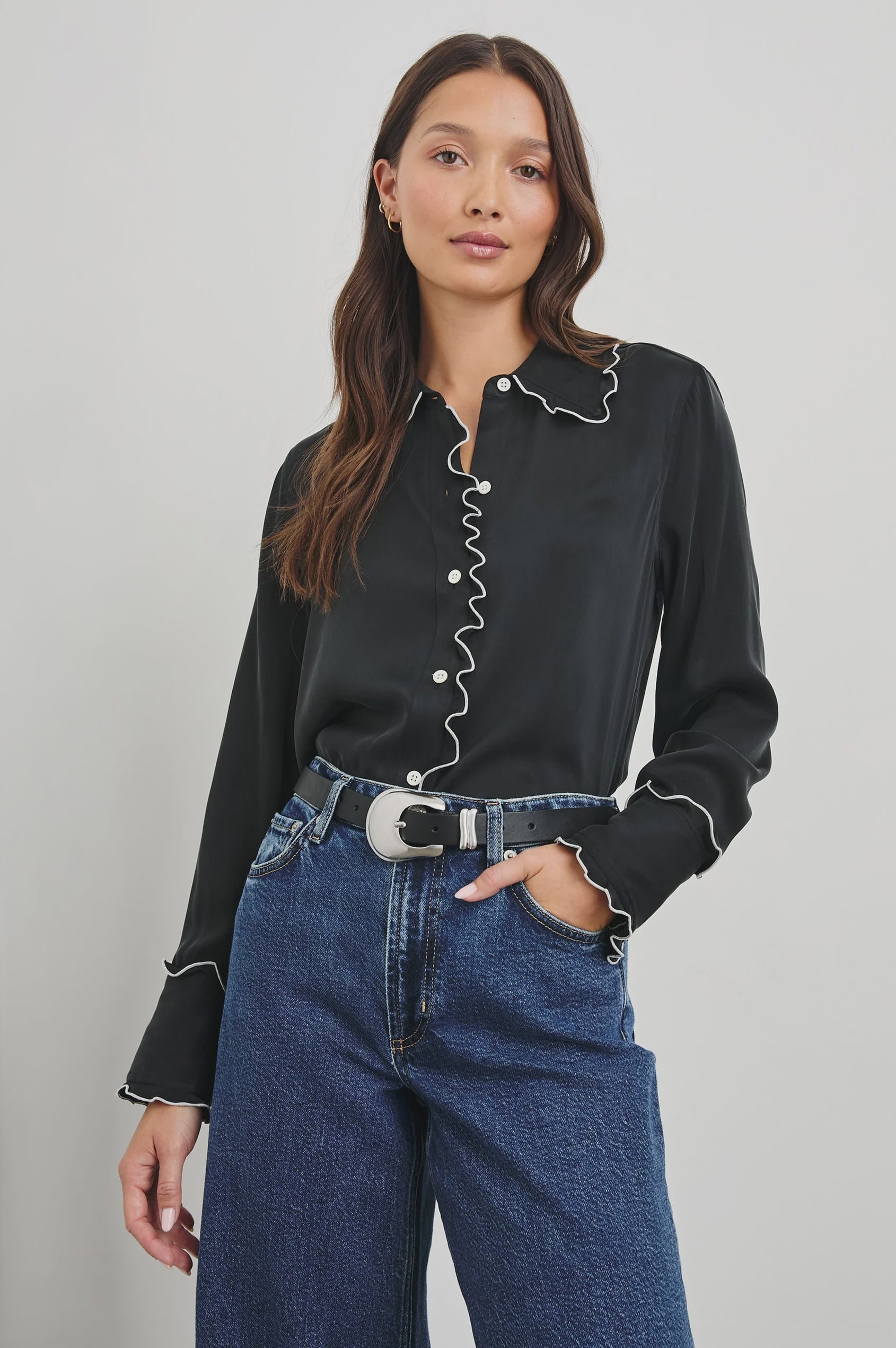 RAILS Fia Blouse in Black with White Piping