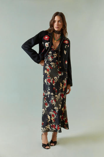 RIXO Sunday Jacket in Poppy Embroidery Black