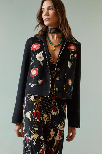 RIXO Sunday Jacket in Poppy Embroidery Black