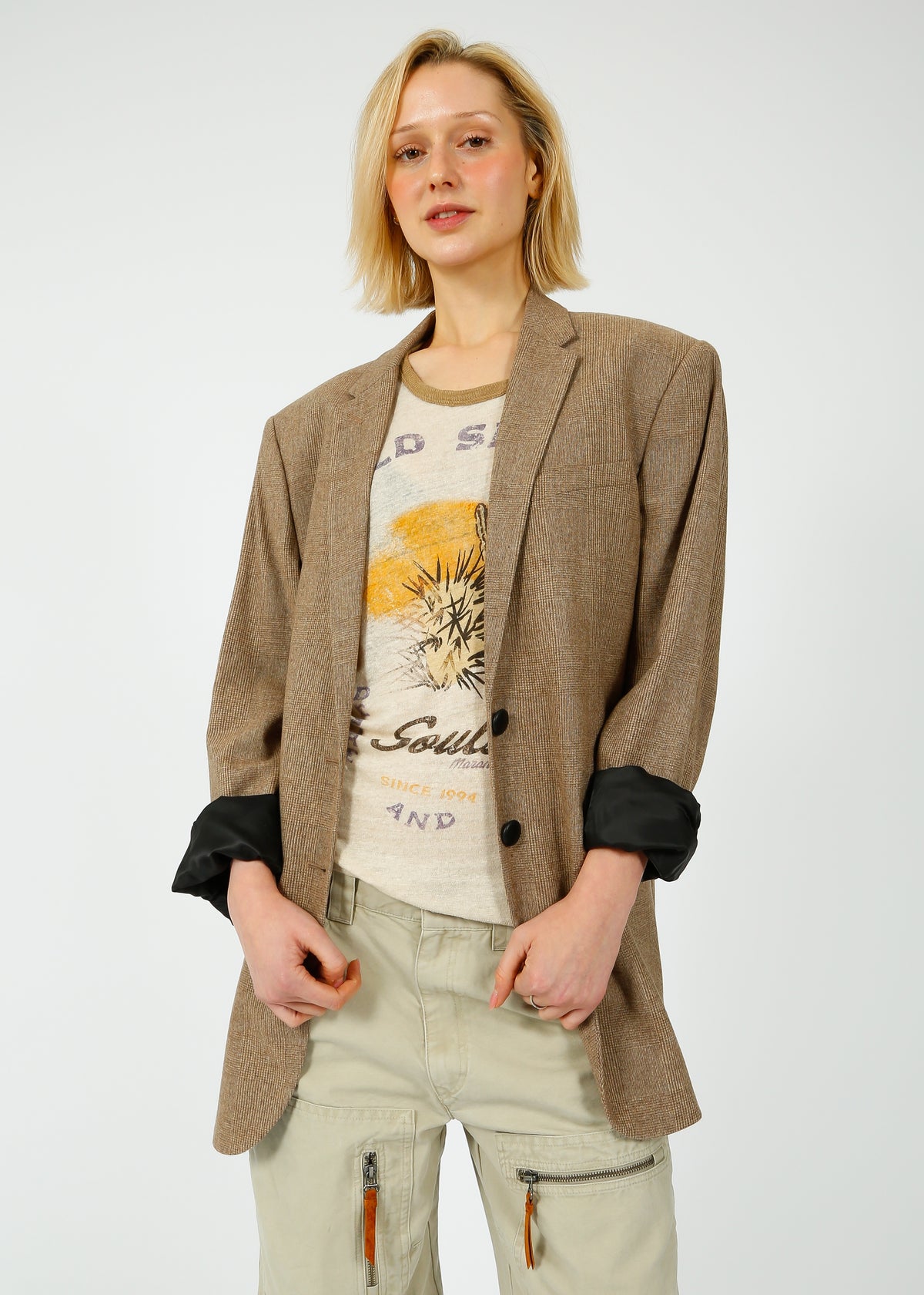 R&B Odessa Italian Wool Blazer in Camel Plaid