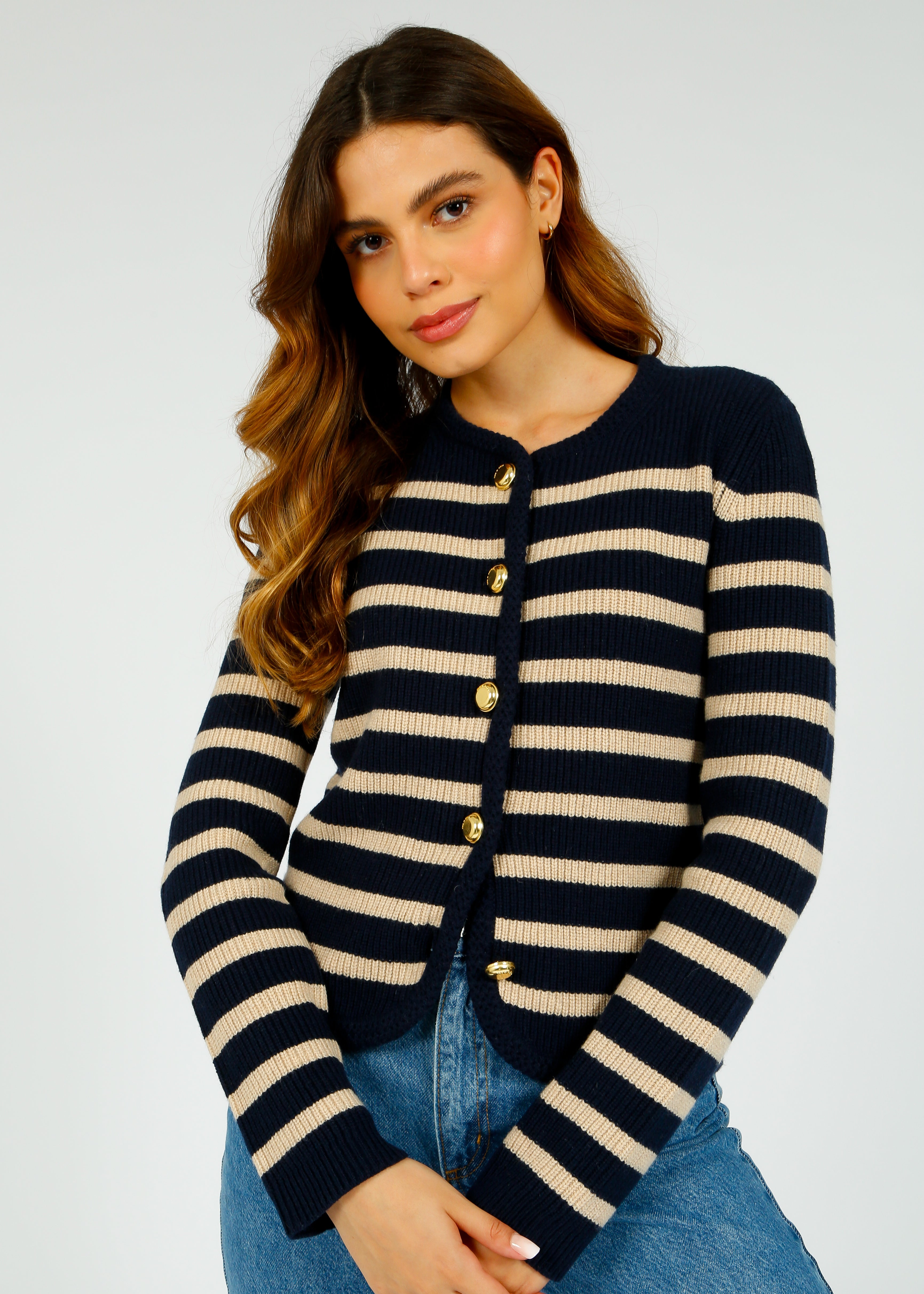 R&B Nancy Stripe Cardigan in Navy