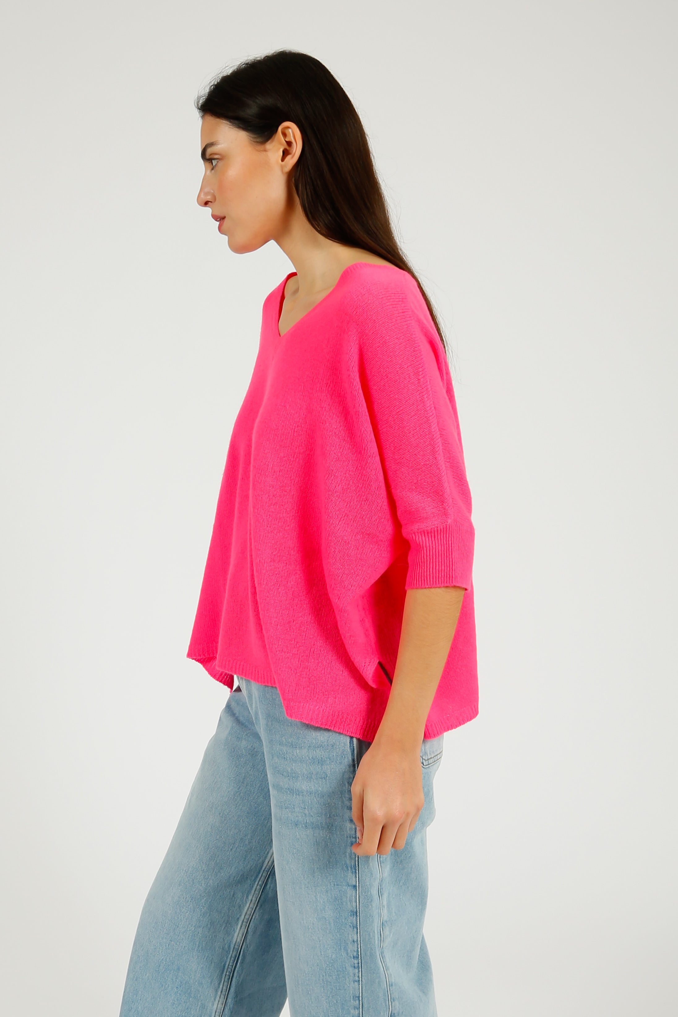 VK Katji V Neck Half Sleeve Knit in Hot Pink