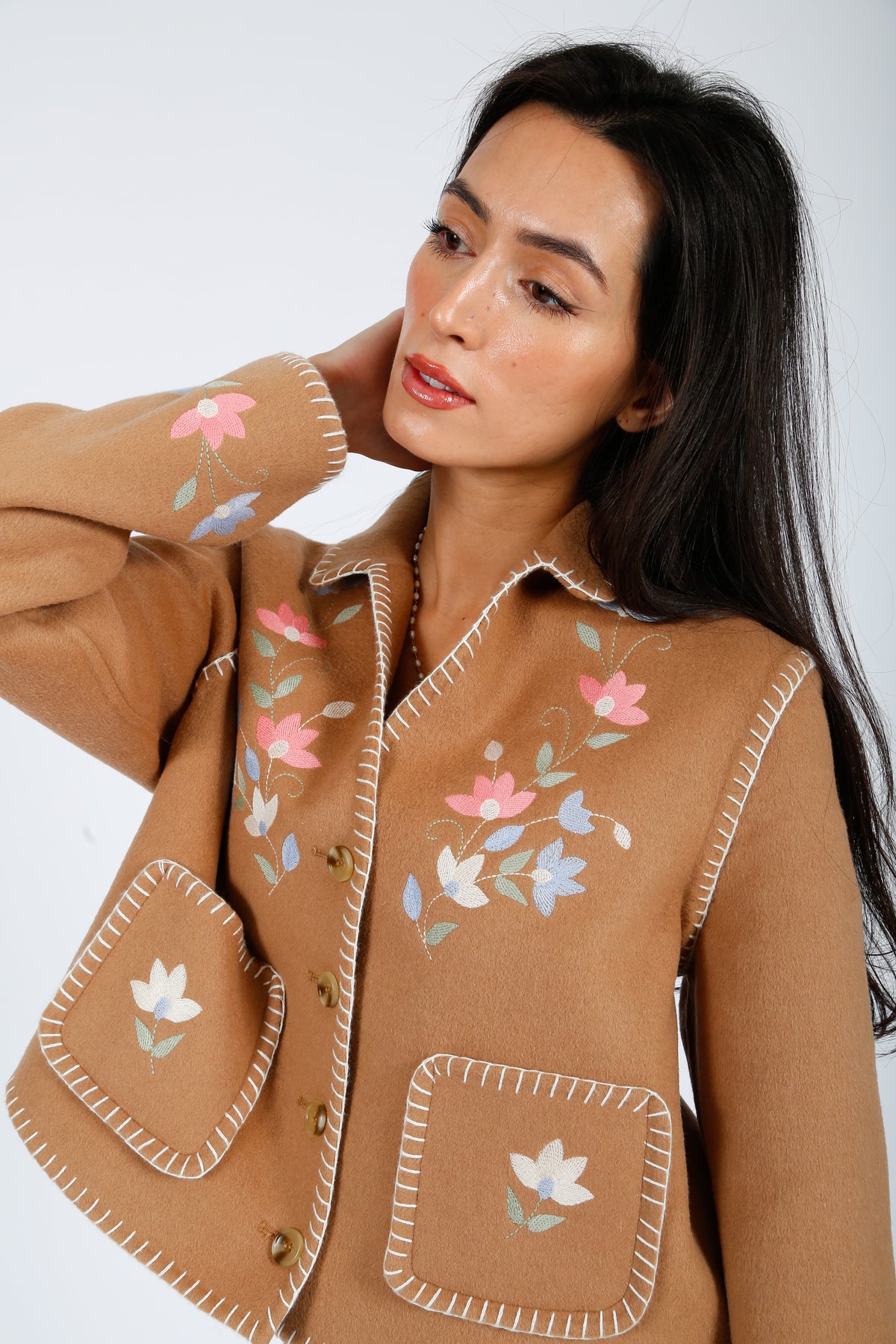 RIXO Sunday Jacket in  Petal Embroidery Tan