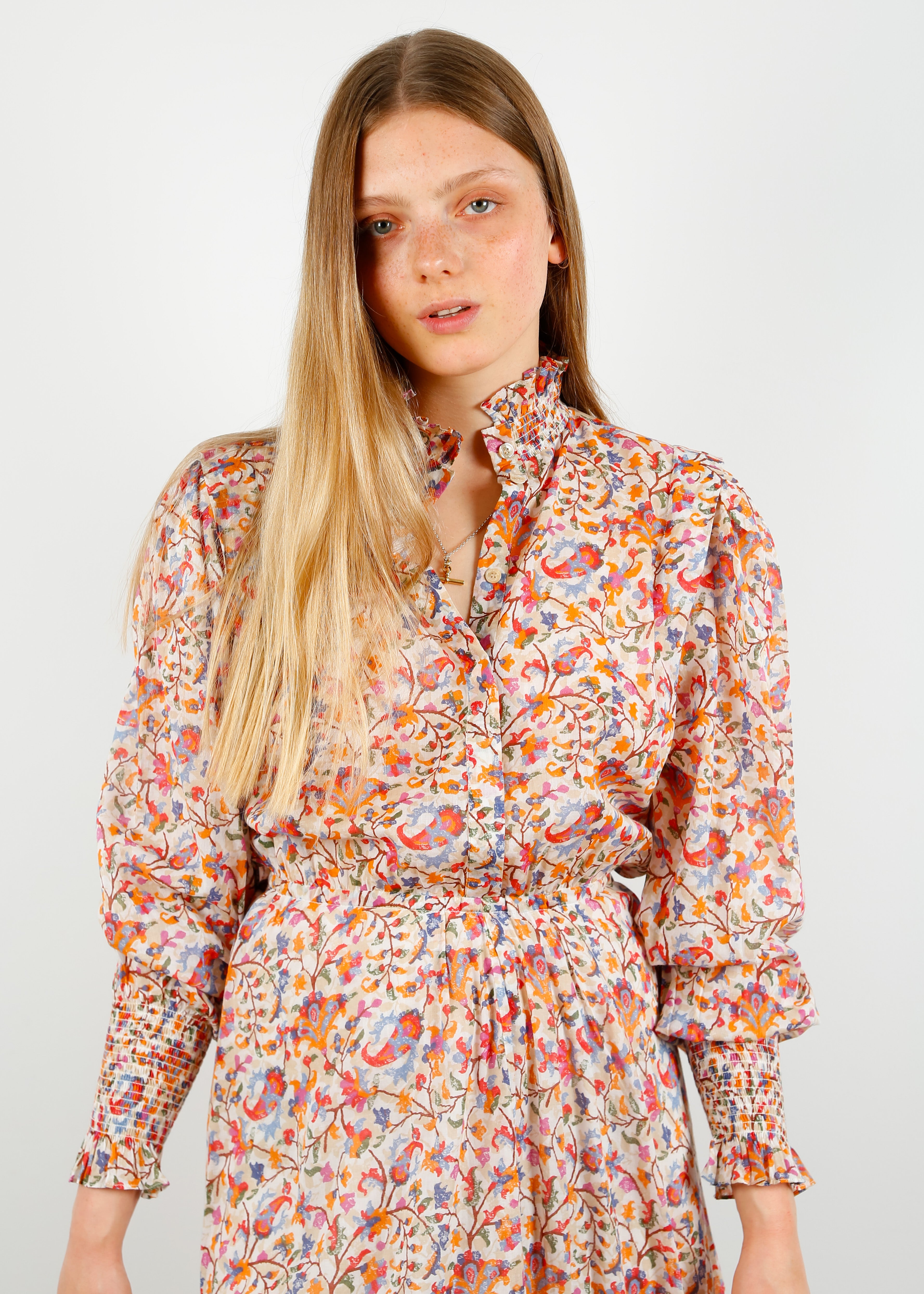 IM Galoa Printed Dress in Ecru, Orange