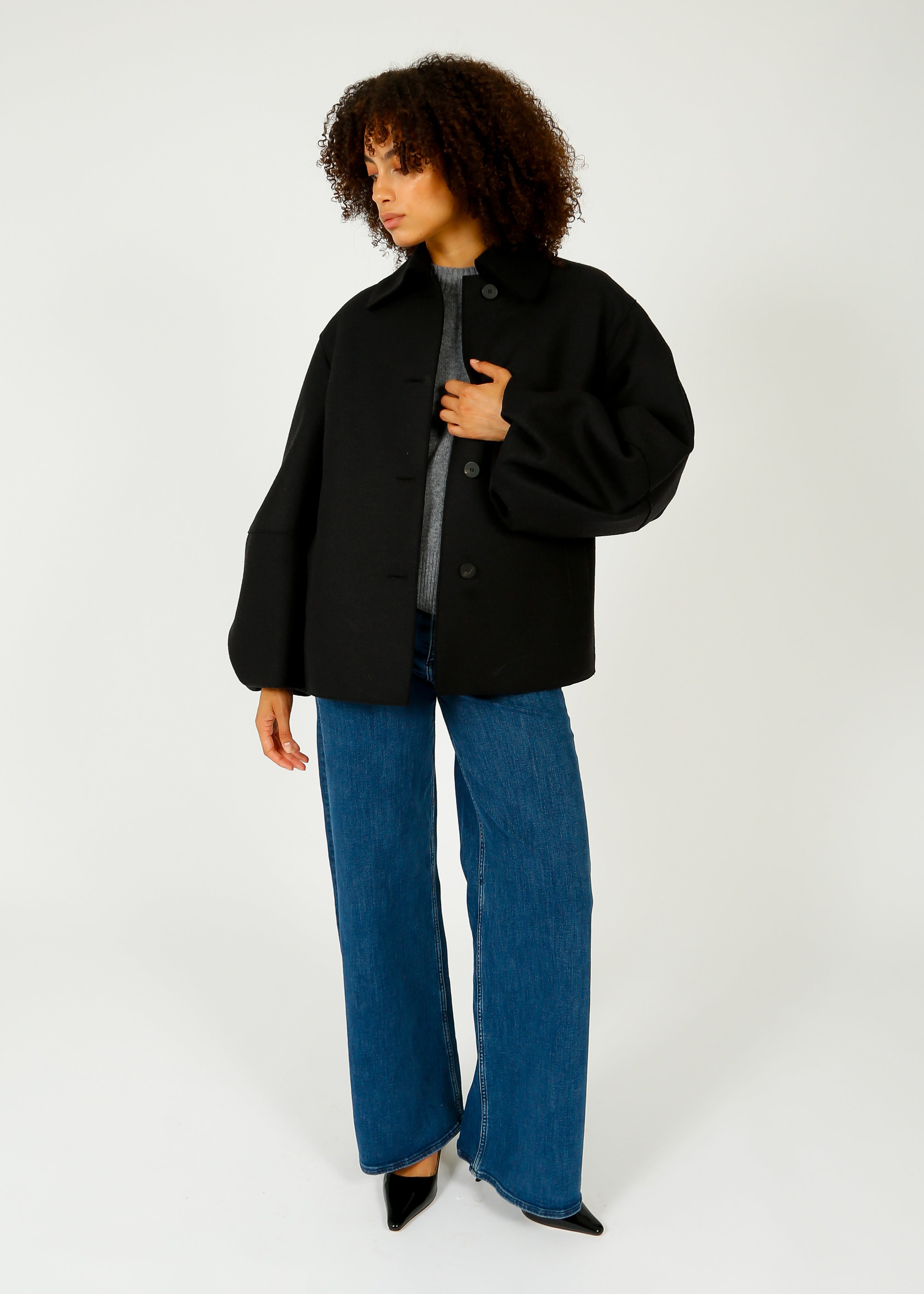 HW Pressed Wool Puff Sleeve Jacket in Black