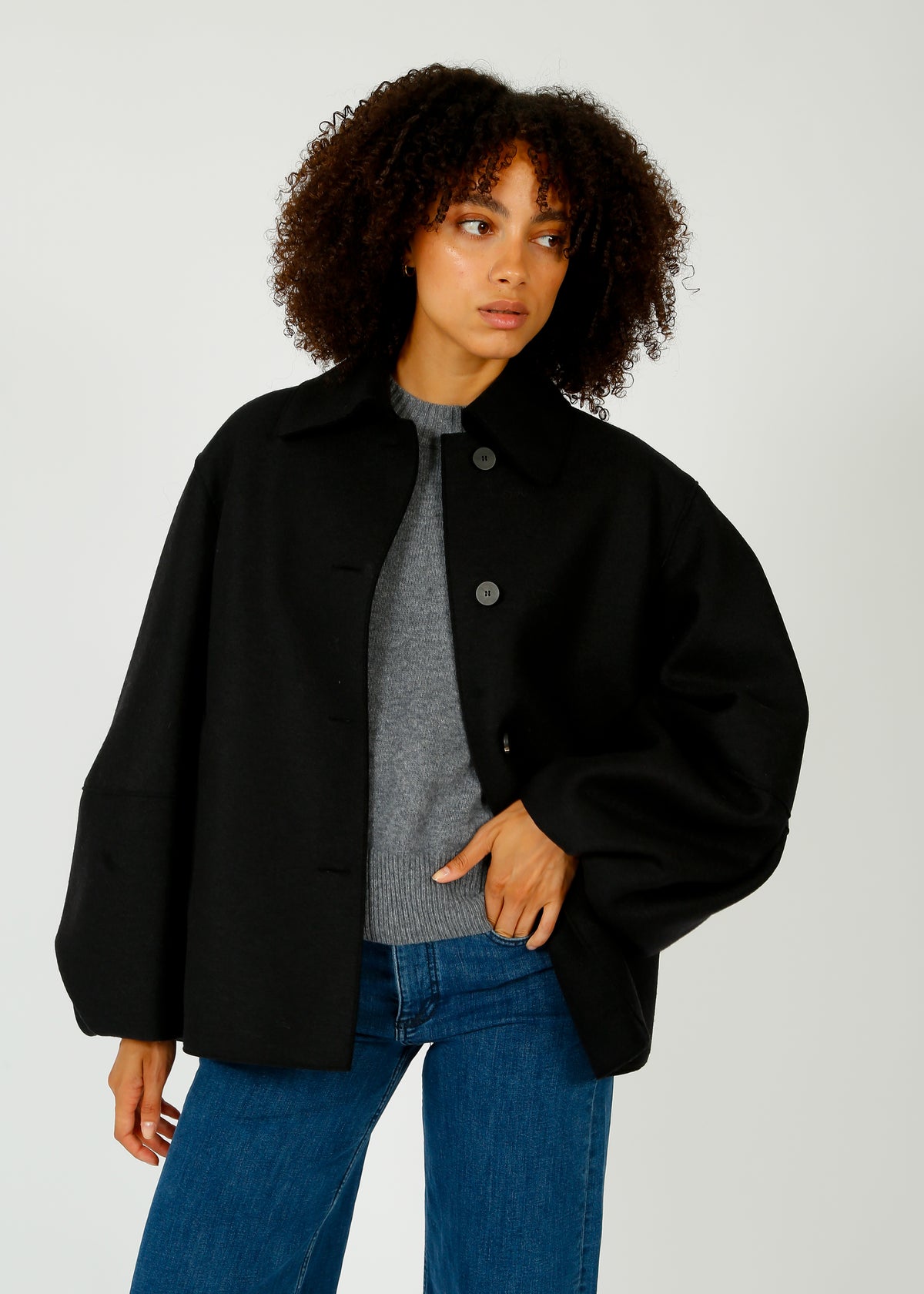 HW Pressed Wool Puff Sleeve Jacket in Black