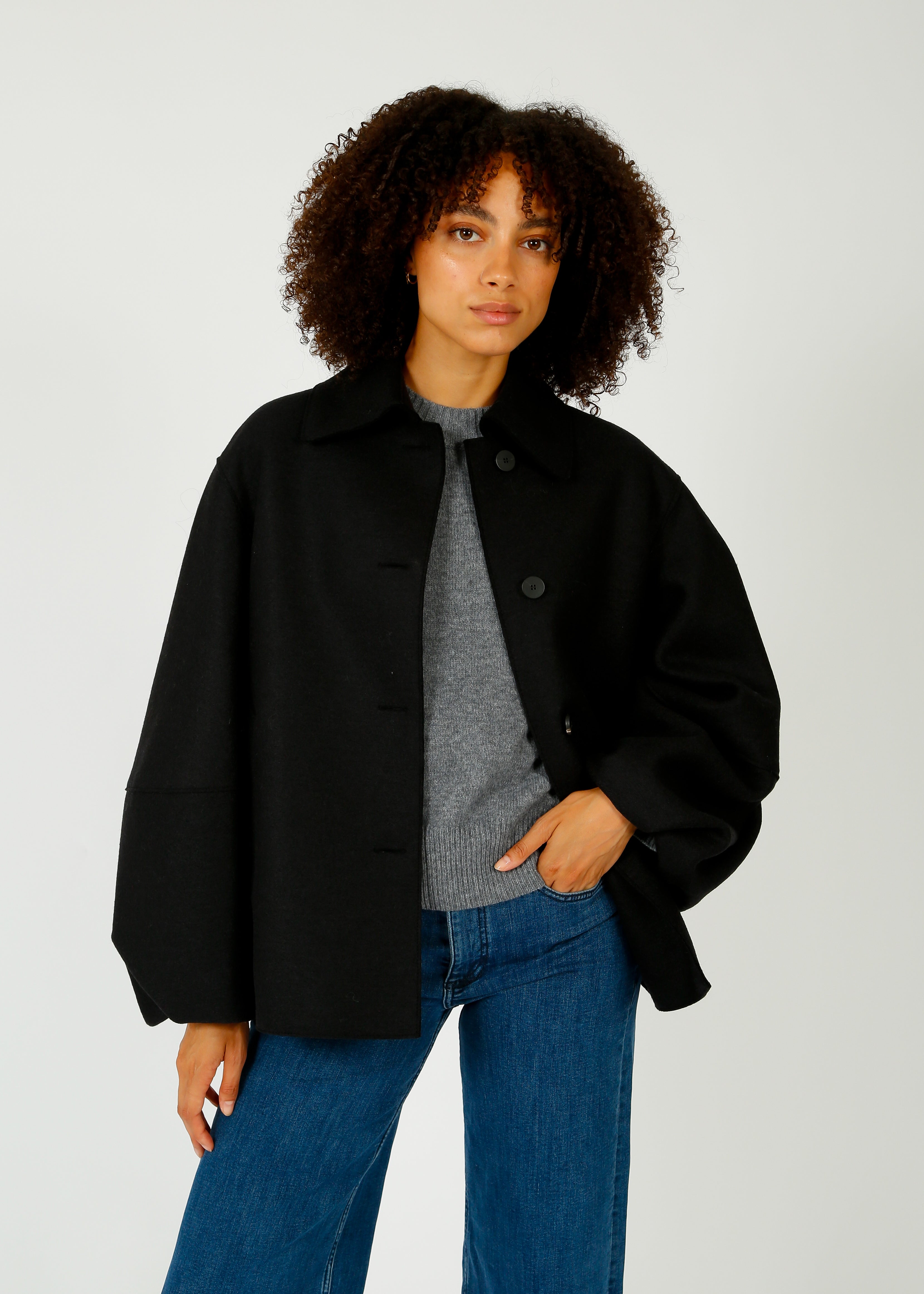 HW Pressed Wool Puff Sleeve Jacket in Black