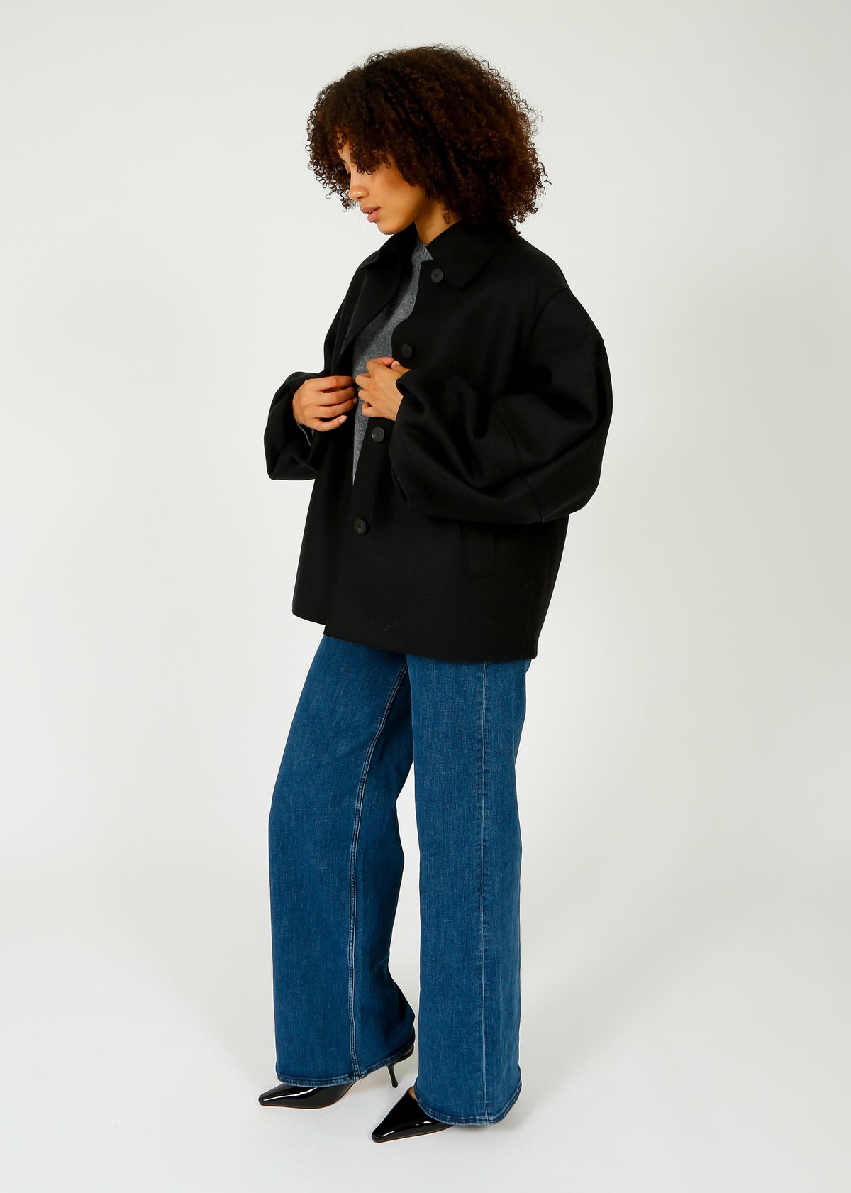 HW Pressed Wool Puff Sleeve Jacket in Black