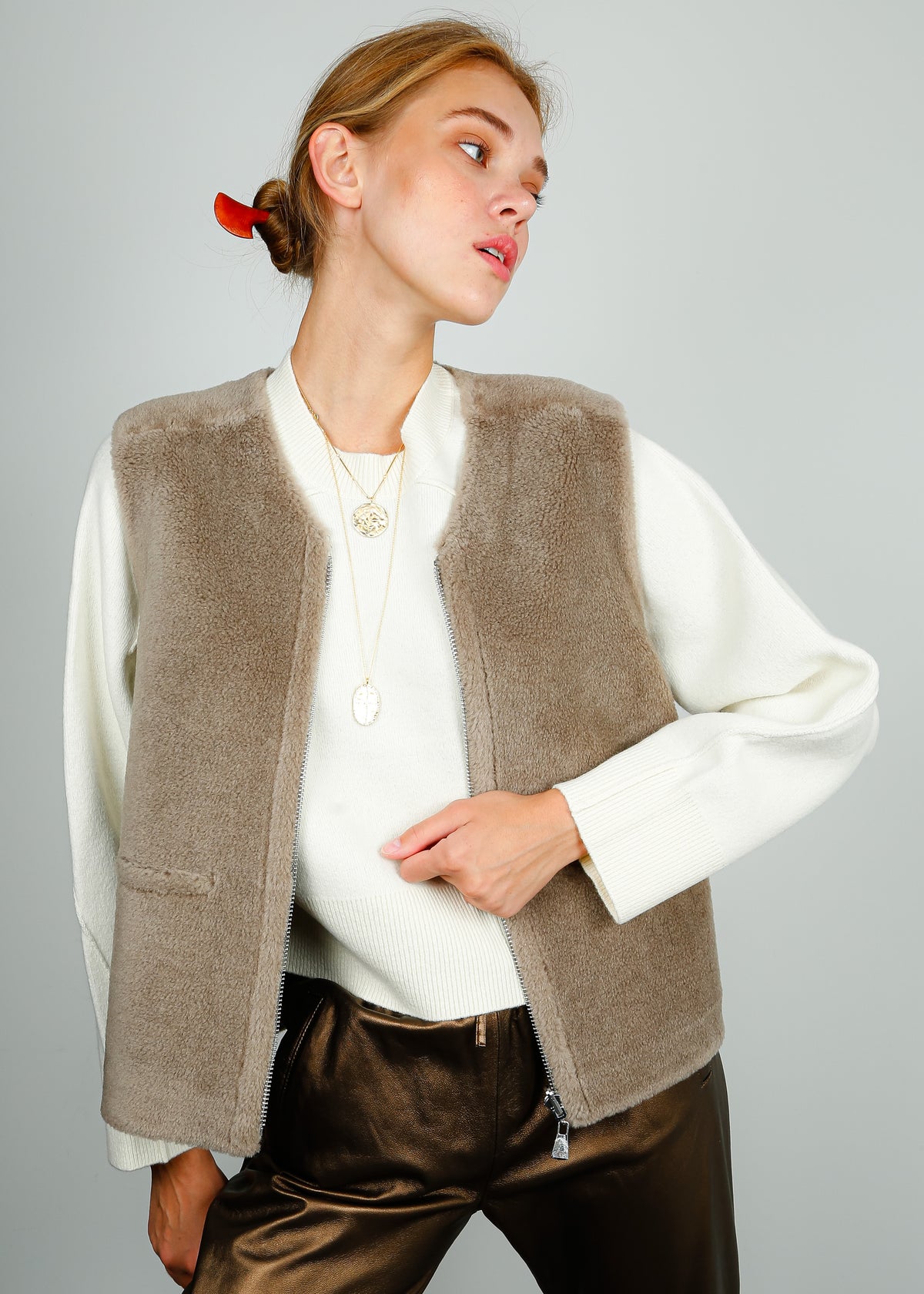 OW Signature Lily Fur Gilet in Taupe