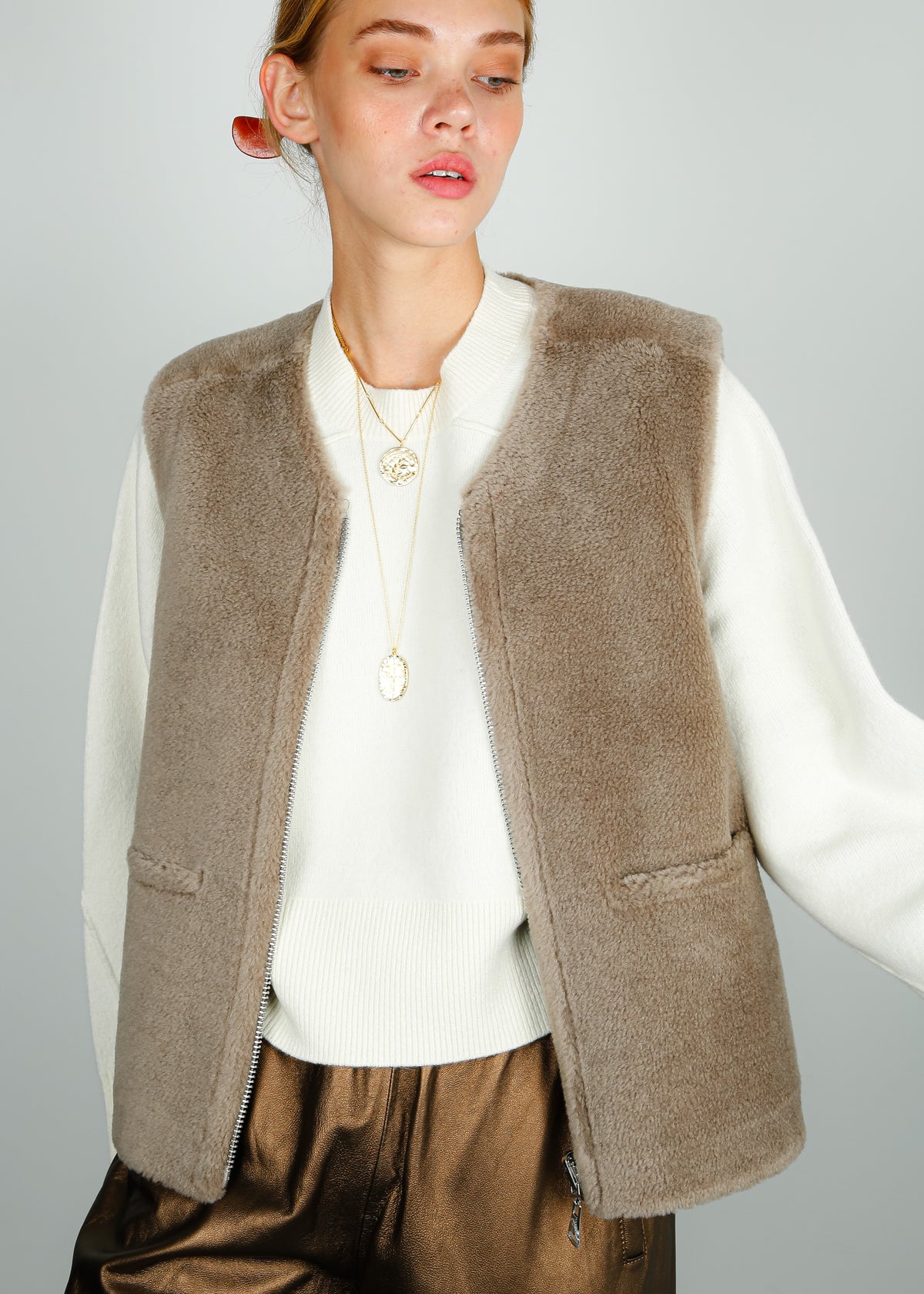 OW Signature Lily Fur Gilet in Taupe