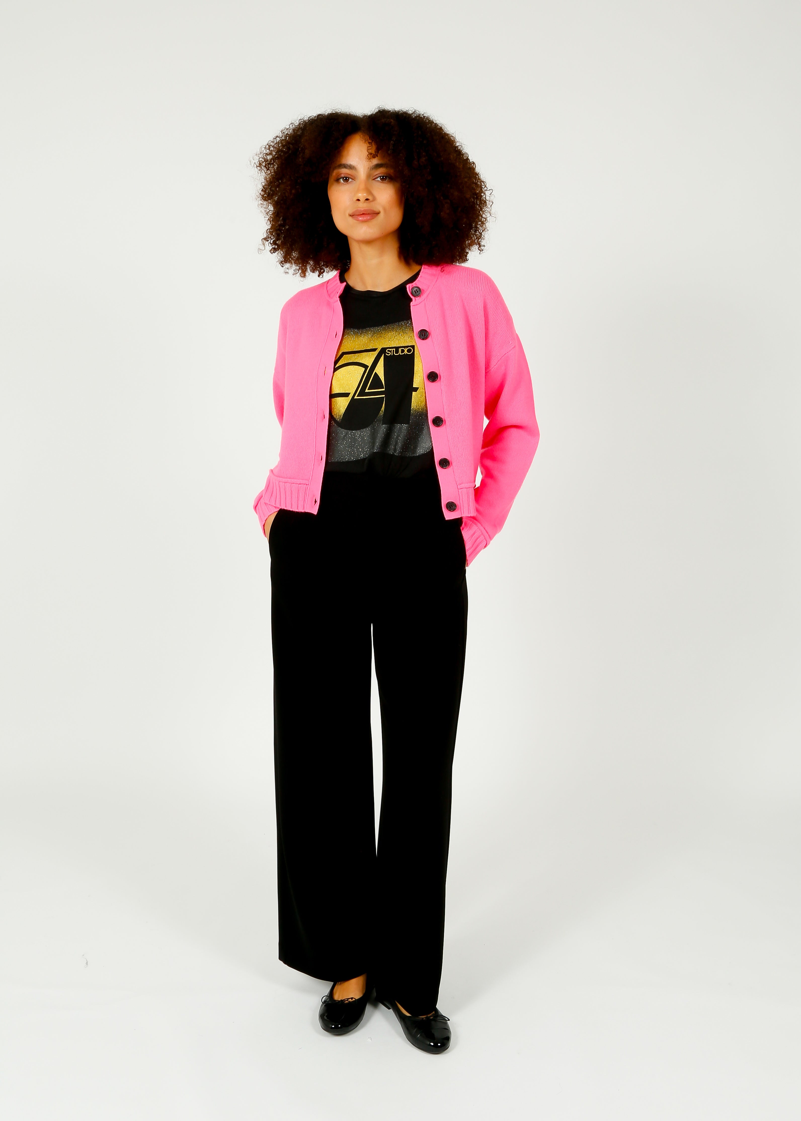 JU Boxy Crew Cardigan in Neon Pink