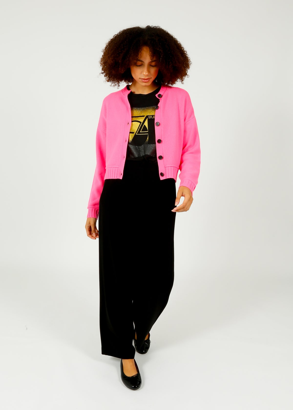 JU Boxy Crew Cardigan in Neon Pink