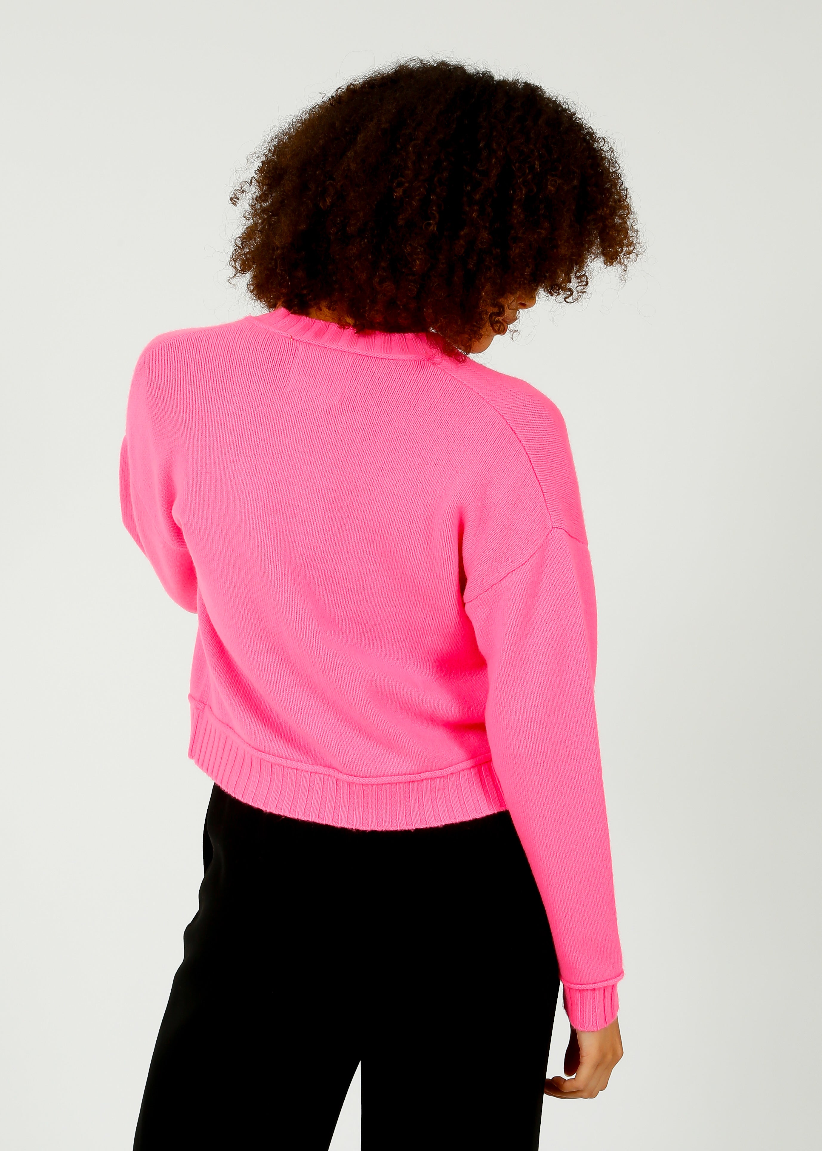 JU Boxy Crew Cardigan in Neon Pink