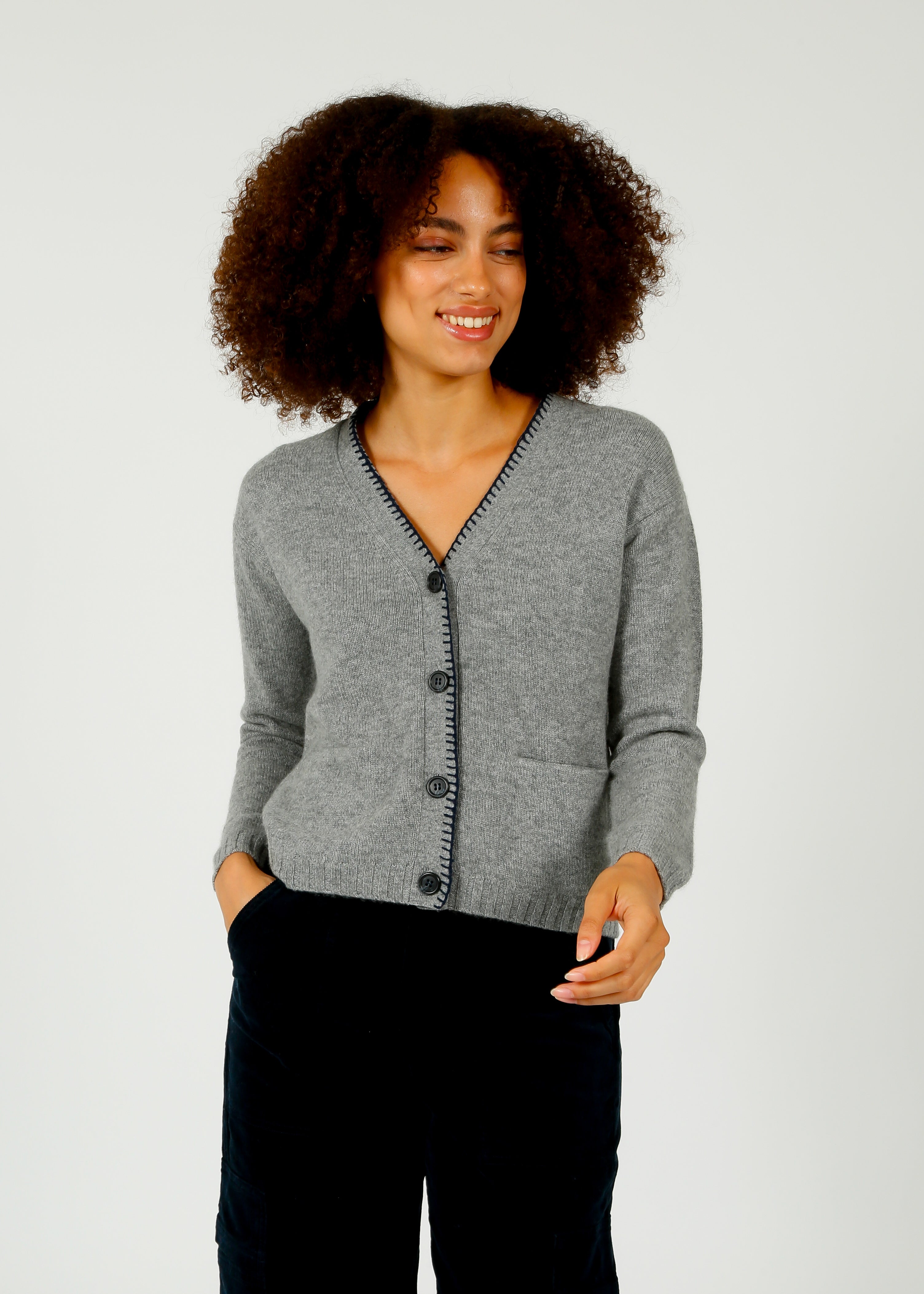 JU Blanket Stitch Cardigan in Grey, Navy