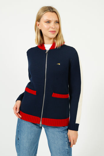 BF College Zip Up Bomber Jacket in Navy, Red