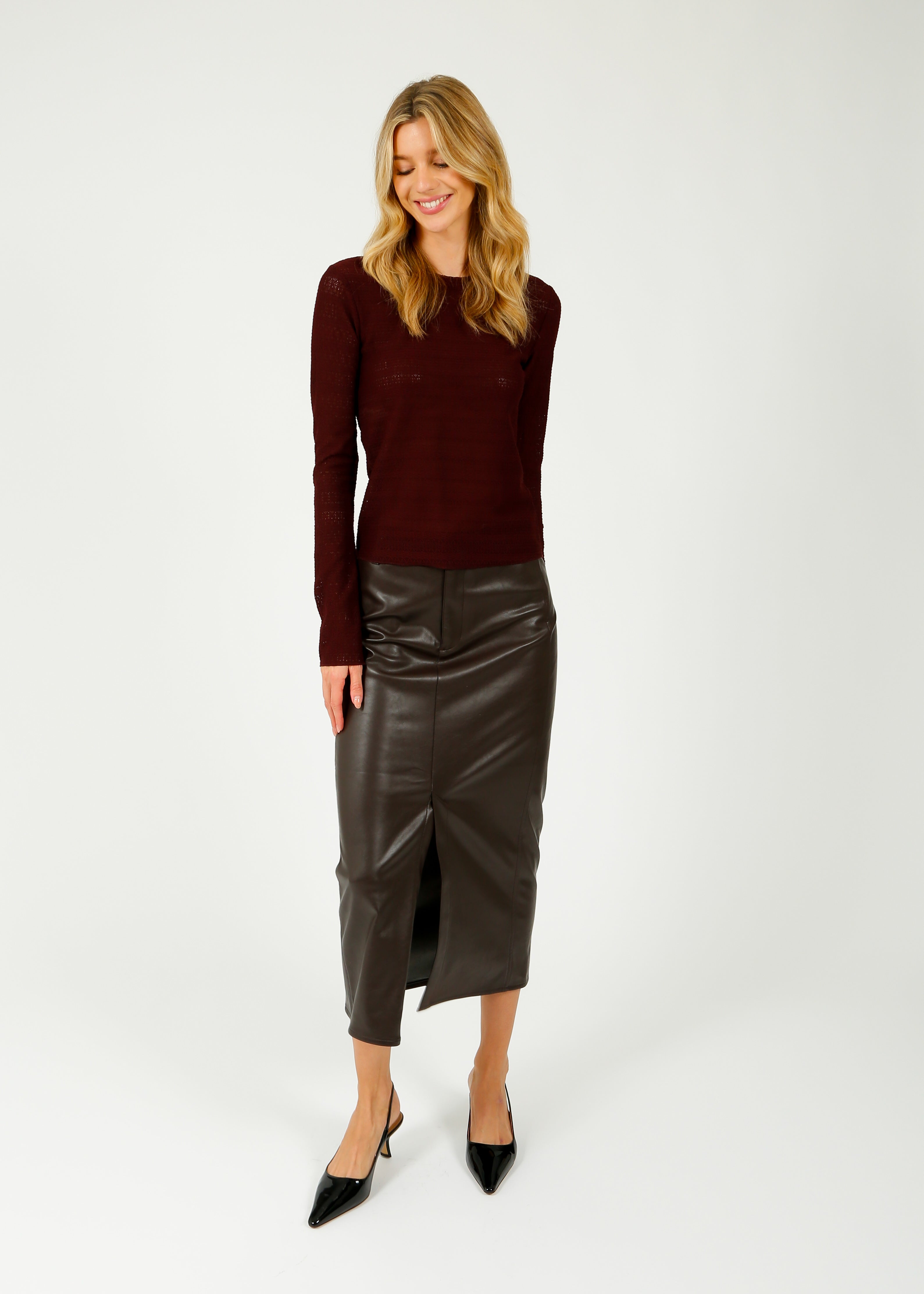 R&B Rayne Faux Leather Midi Skirt in Dark Brown