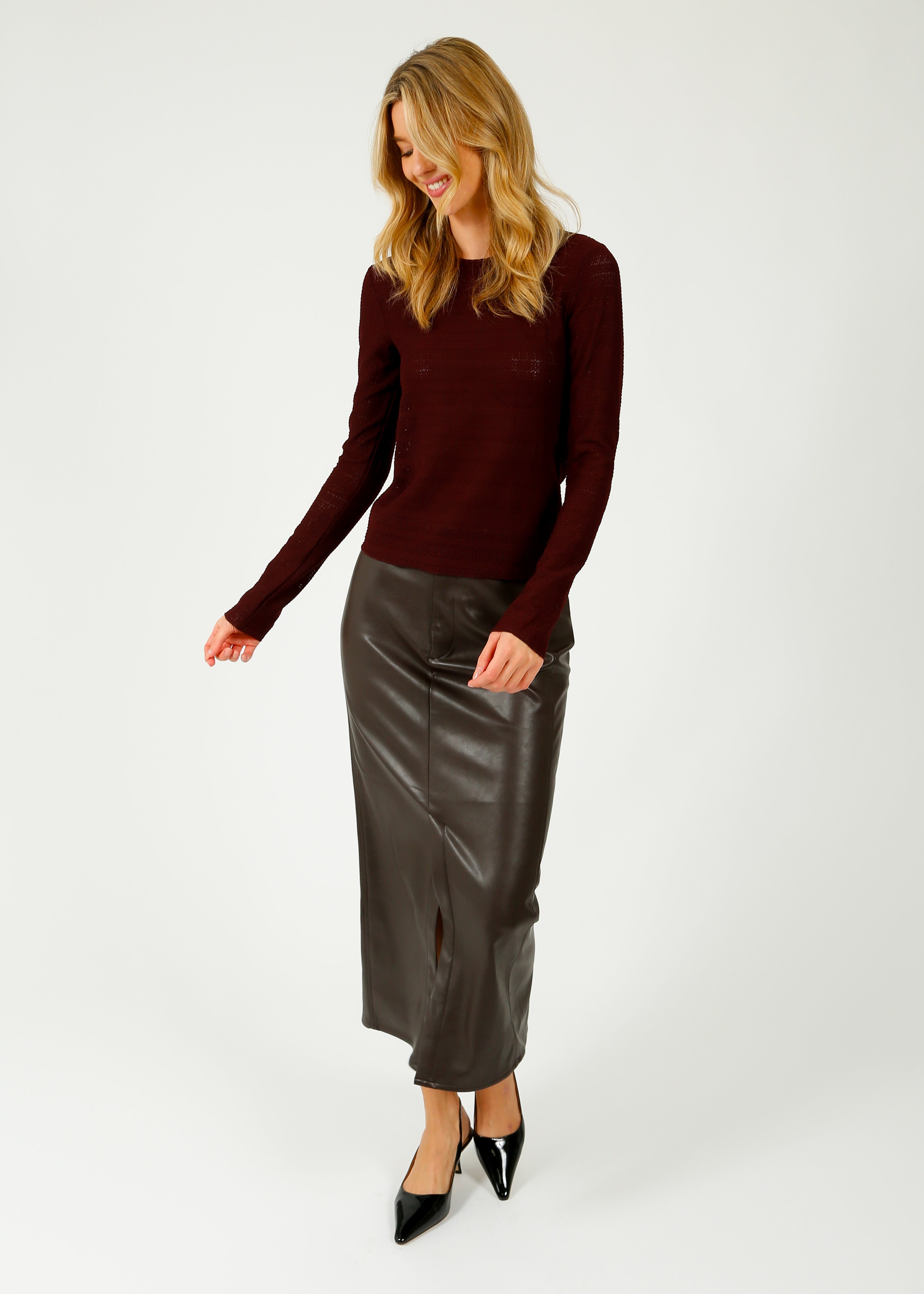 R&B Rayne Faux Leather Midi Skirt in Dark Brown