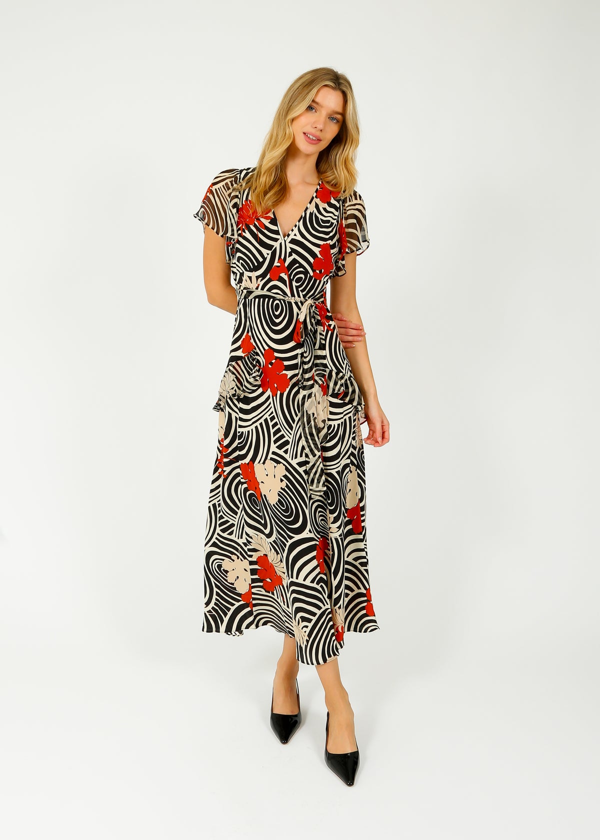 RIXO Evie Dress in Swirl Daisy Black