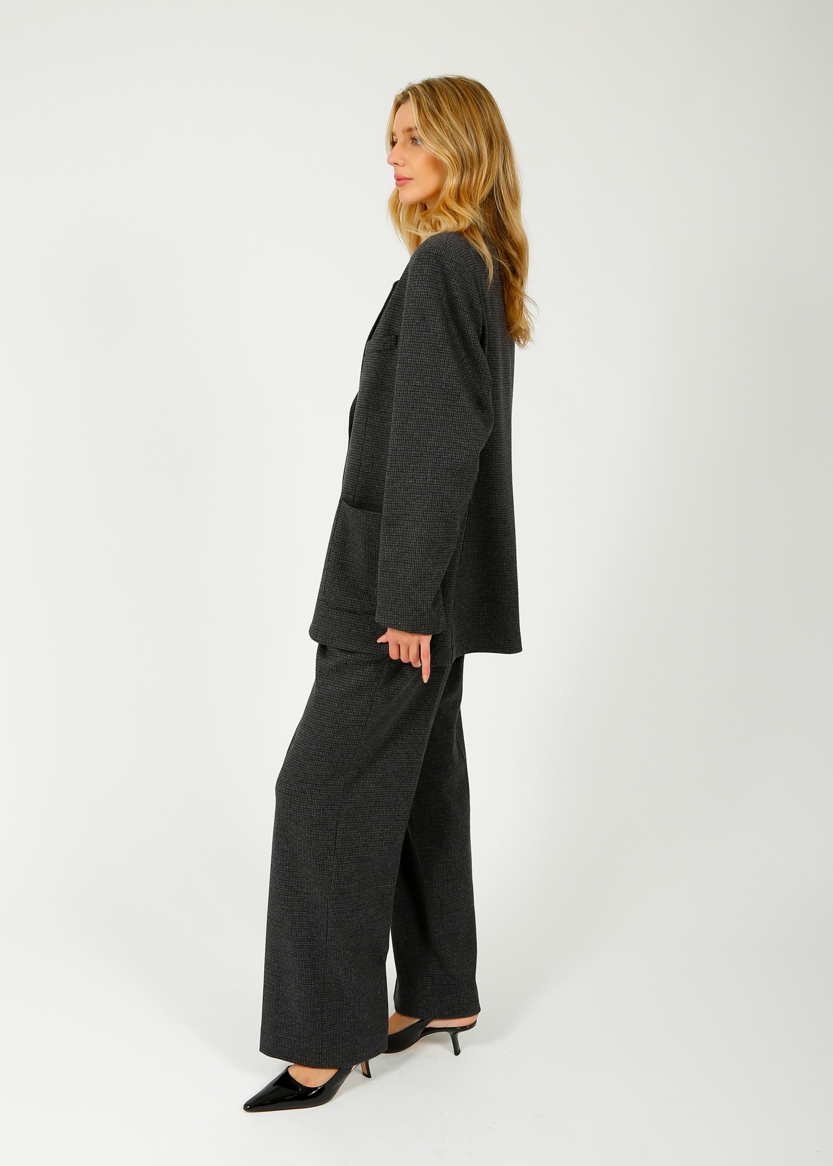 HW Double Pleats Trousers in Micro Tattersall Grey Houndstooth