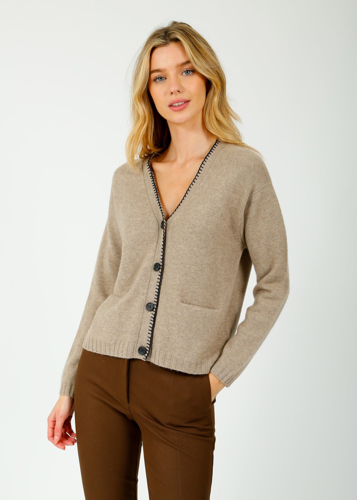 JU Blanket Stitch Cardigan in Light Brown, Navy