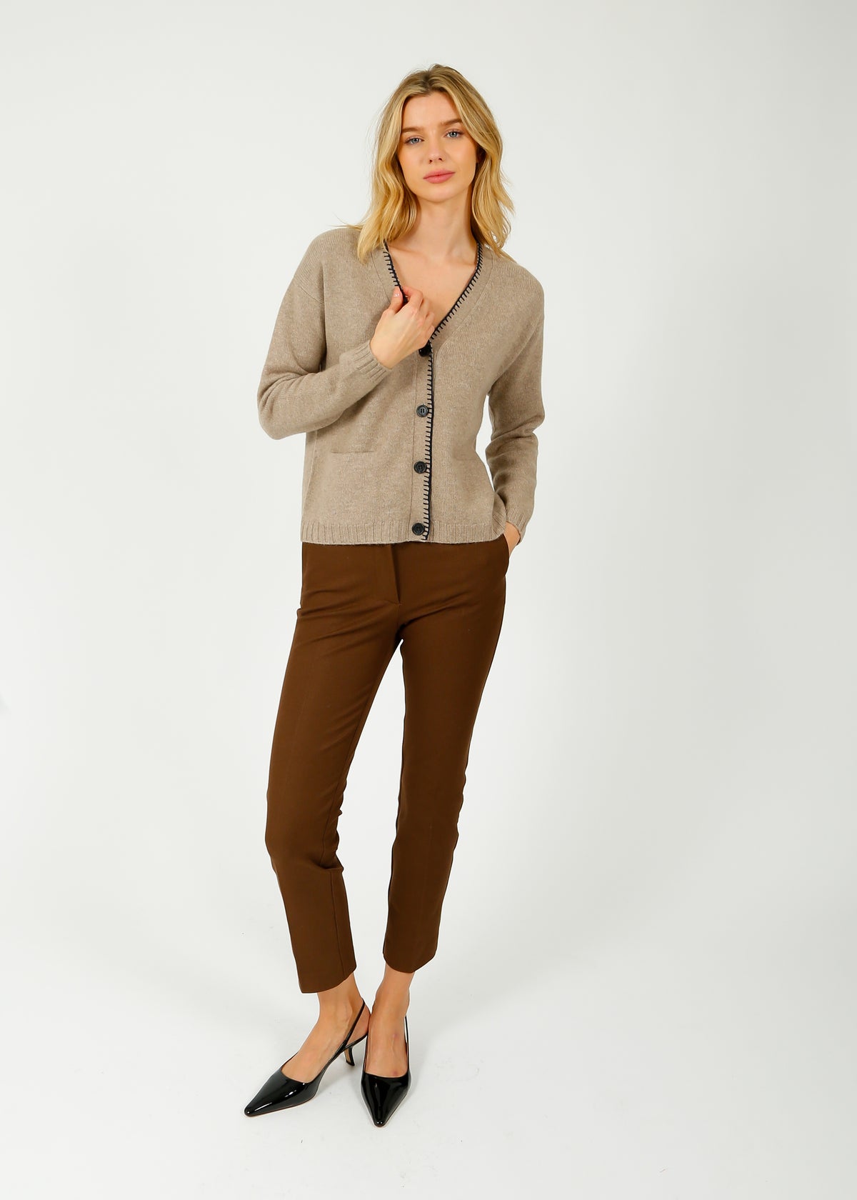 JU Blanket Stitch Cardigan in Light Brown, Navy