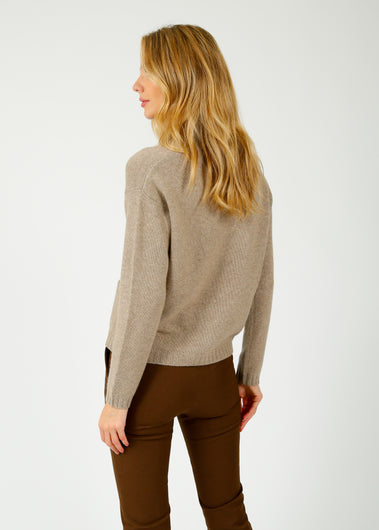 JU Blanket Stitch Cardigan in Light Brown, Navy