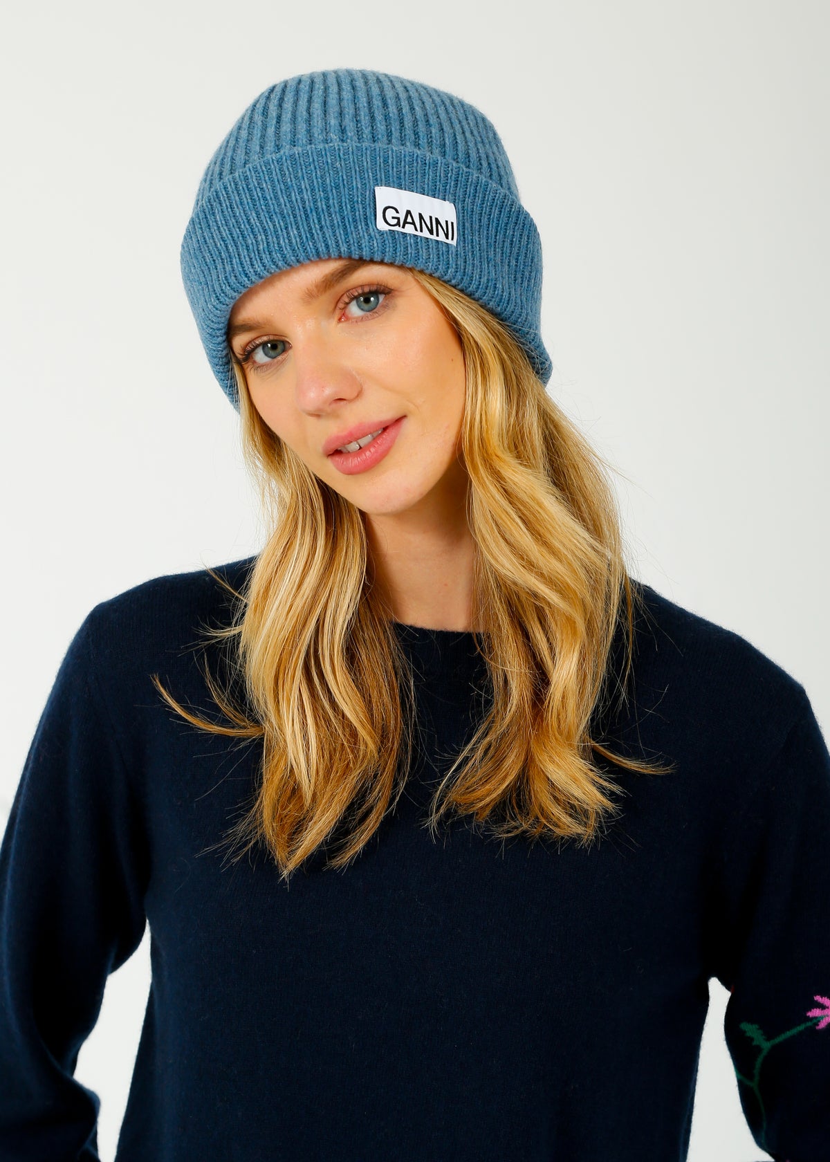 GANNI A6238 Rib Kit Beanie in Dusty Blue