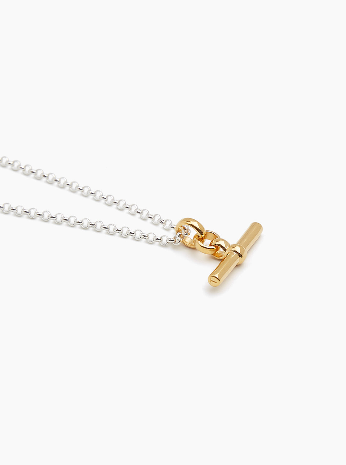 TS Gold T Bar Necklace on Silver Belcher Chain