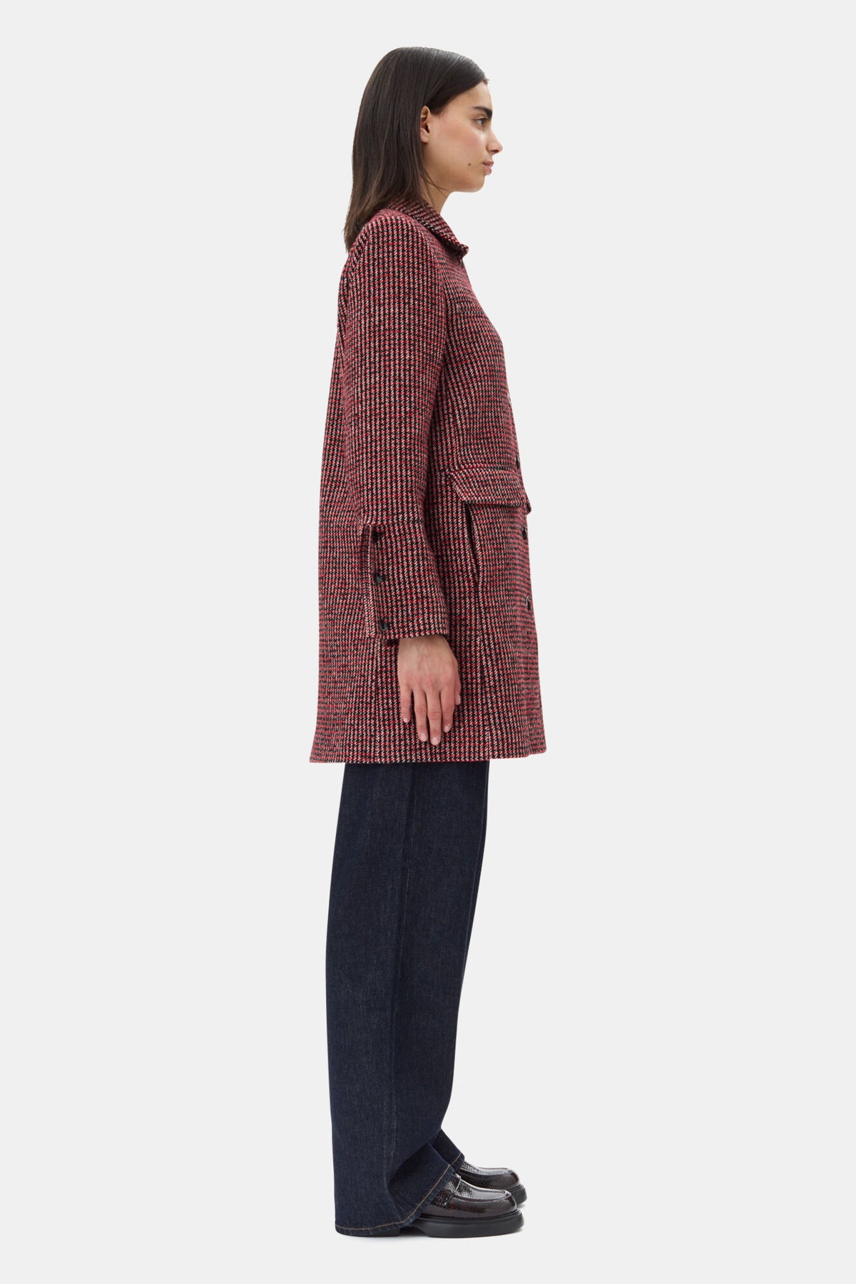 GANNI W0031 Woolen Check Midi Jacket in Racing Red