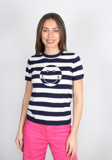 JU Stripe Smiley Short Sleeve Jumper in Cloud Dancer