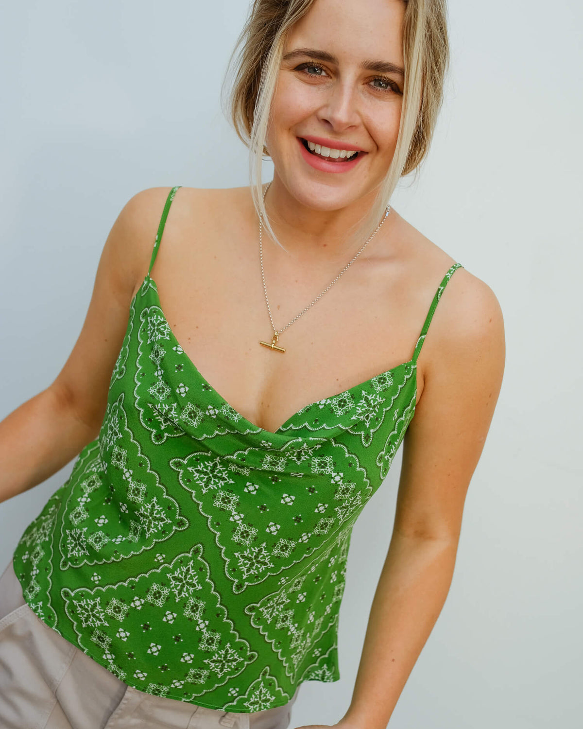 RIXO Jill cami in green square paisley – shopatanna