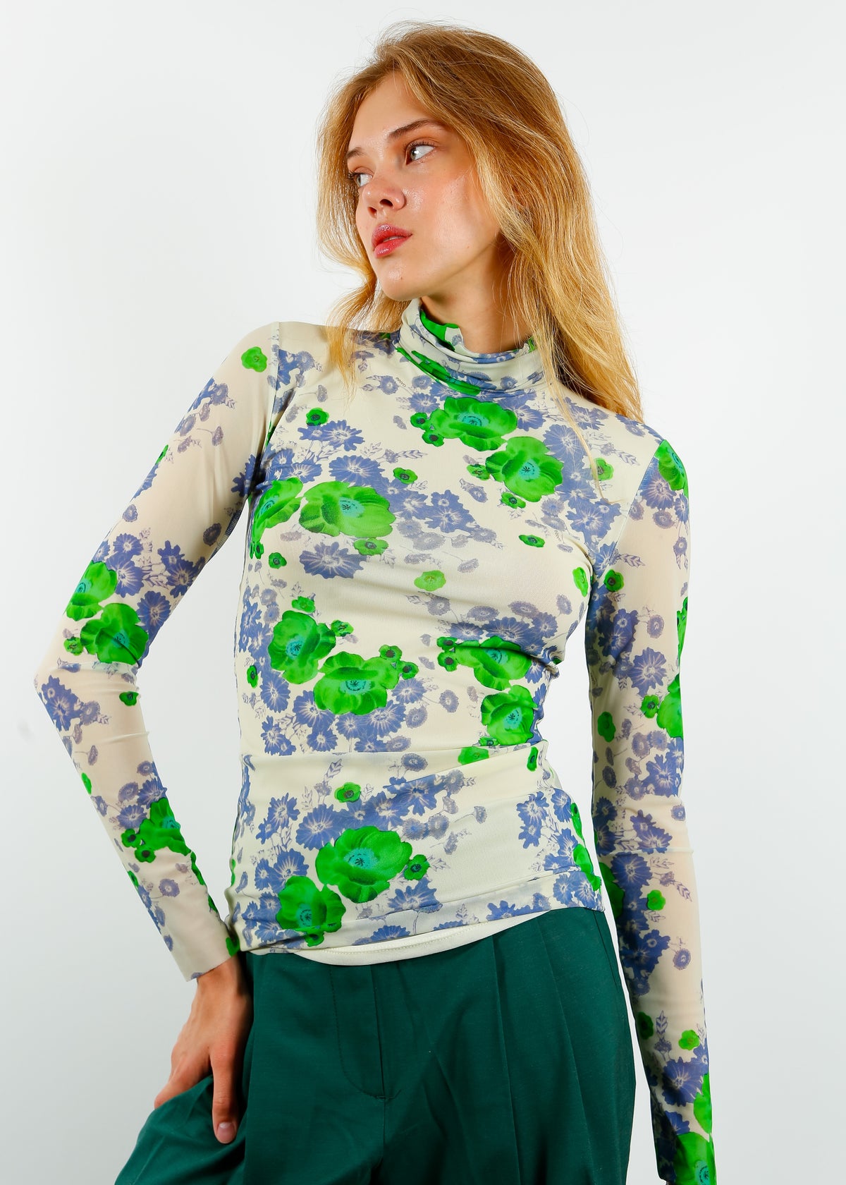 GANNI T3496 Printed Mesh LS Rollneck in Egret