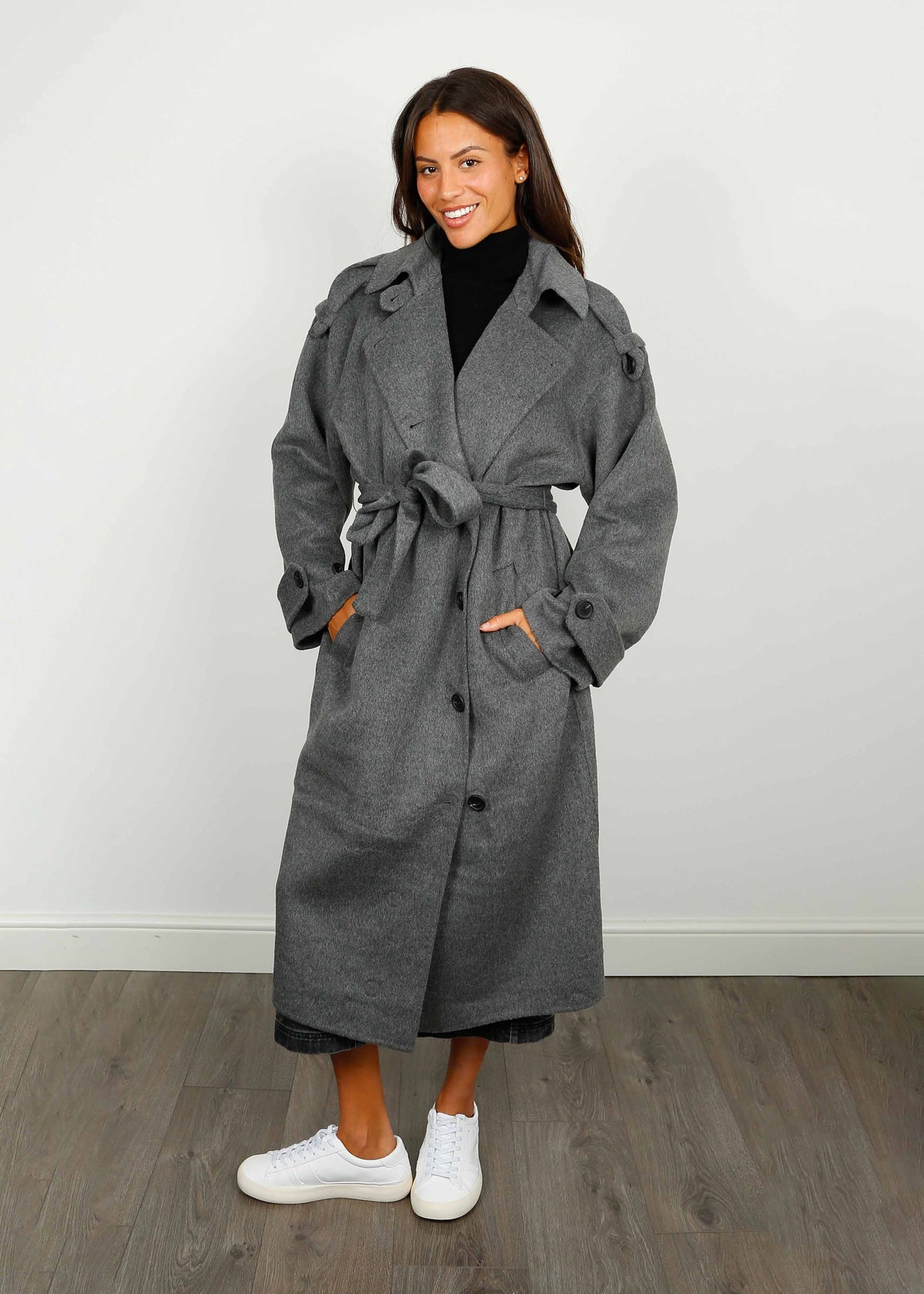 Long grey clearance belted coat